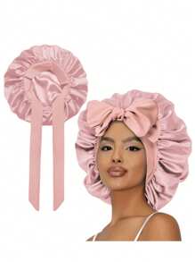 1pc Women Solid Bowknot Decor Satin Casual Hair Bonnet For Daily Life Silk Bonnet Satin Bonnet