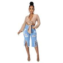 Women High Waist Ripped Denim Shorts Stretch Fringe Distressed Casual Summer Fashion Must Have - light  blue - View 3