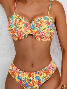 1 Set Women 2 Pieces Bikini Swimsuit, Paisley Print Floral Ruffled Bandeau Style Detachable Strap Sexy Swimwear - Yellow - View 5