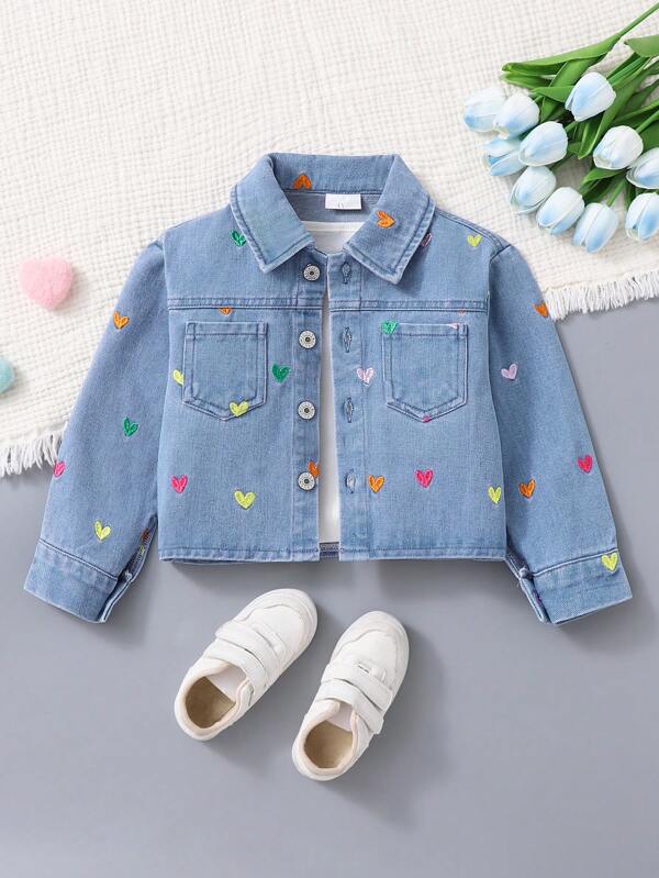 New Girls Asymmetrical Heart Embroidered Cute Casual Denim Jacket
