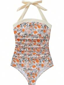 Women Sexy Tummy Control One Piece Swimsuit Halter Retro Bathing Suit - 68 黃色花卉 - 查看 4