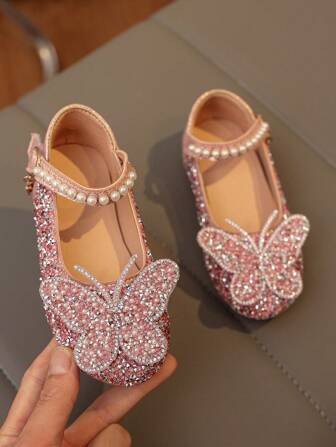 1 双加大码 2025 新款时尚百搭粉色女孩珍珠和水钻蝴蝶结装饰可爱平底鞋，圆头，适合日常穿着、跳舞、春秋季户外穿着，闪光装饰包头公主芭蕾平底鞋，尺码偏小半码