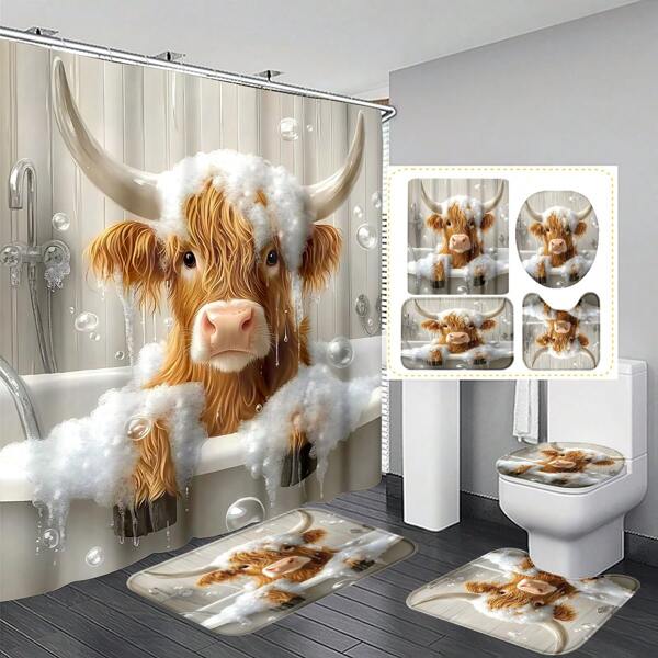 1pc/4pcs Funny Highland Cow Shower Curtain Set, Adorable Yellow Calf Bathing In Tub, Bathroom Set With 12 Hooks, Non-Slip Rugs, Toilet Lid Cover, U-Shaped Mat, Machine Washable, Complete Bathroom Accessories Decor Set Back To School