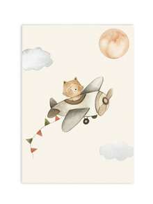 1件/3件/套婴儿房装饰画。动物历险记婴儿墙面艺术套装 - 水彩动物印花、热气球印花、猫咪飞机印花、月亮和云彩背景、柔软彩旗细节、婴儿房墙面装饰