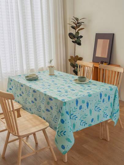 1pc Blue Ocean Theme Table Cloth, Minimalist & Fresh Design, Waterproof Polyester Fabric, Suitable For Variety Occasions Including Outdoor Picnic Mat Use