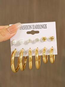 Juego de 24/12 pares de aretes elegantes y de moda para mujeres, aretes de aro lisos de metal minimalistas, aretes tipo botón con forma de corazón de perla falsa, apropiados para uso diario, citas y fiestas, regalo ideal para días festivos