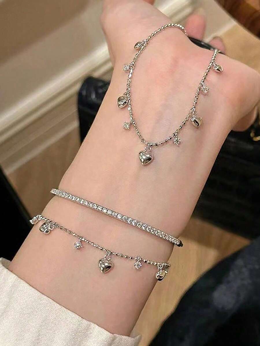 1pc Glamorous Heart & Tassel Zirconia Bracelet, Elegant & Minimalist Jewelry For Women