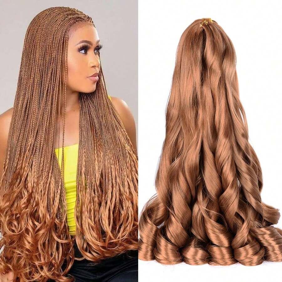 8 Packs French Curly Braiding Hair For Box Braids 24Inch Pre Stretched Loose Wavy  Bouncy Braiding Hair Extensions 75g/Pack Synthetic French Curl Crochet Hair Braids Extensions For Women Daily Holidays Party And Cosplay Braided Hair - 棕-30# - 查看 1