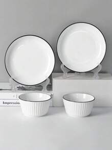 4pcs/2pcs Ceramic Vertical Stripe Bowls 5.1 Inches And Plates 6.9 Inches, Simple Handmade Ceramic Tableware, Japanese Rice Bowls, Dessert Bowls, Suitable For Home Kitchen, Dining Party, Kitchen Utensils, Oven And Microwave Friendly
