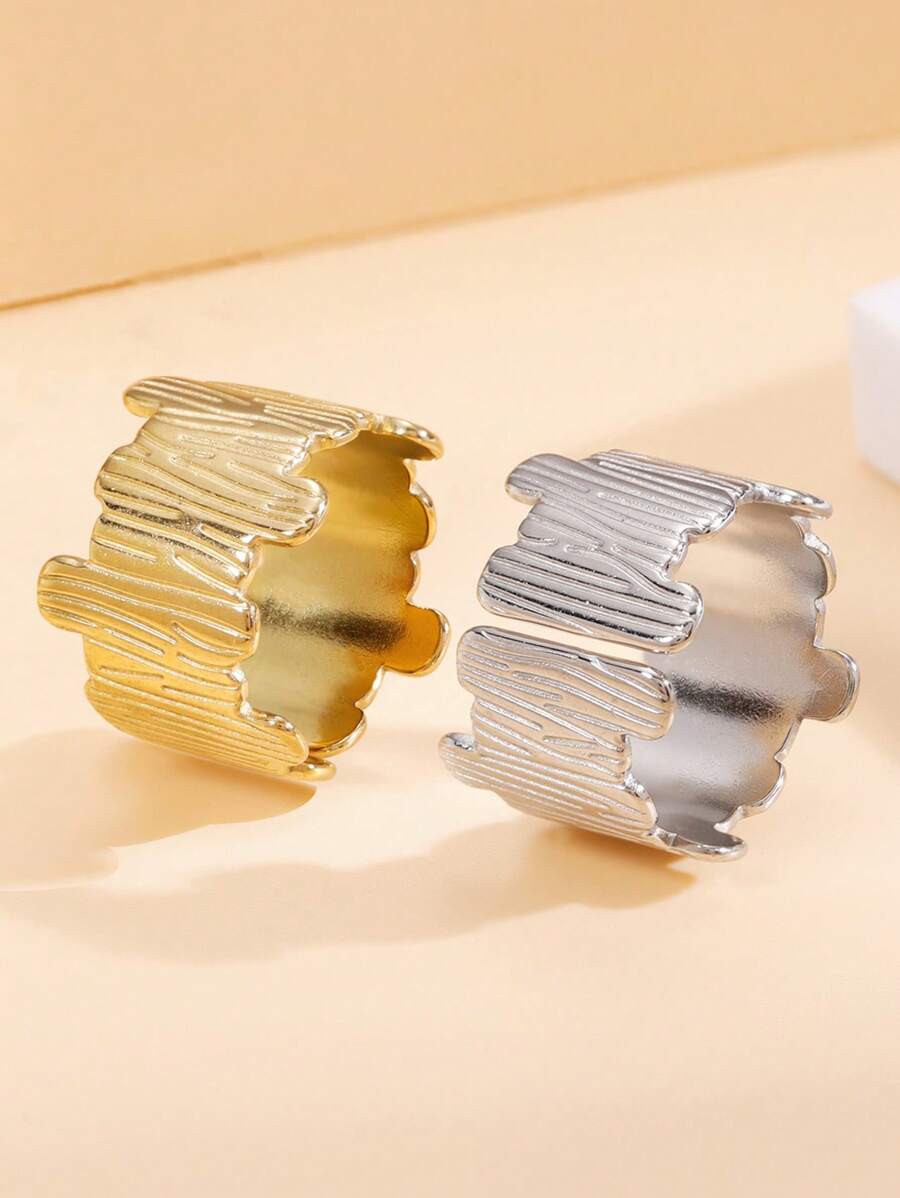 1pc Vintage Old Money Geometric Asymmetrical Textured Open Stainless Steel Ring, Retro Wide Metal Band, 18K Gold Plated Waterproof Jewelry For Women, Festive Wear