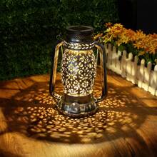 1pc Solar Powered Outdoor Lantern, Solar Hanging Light, Silver Iron Hollow Flower Pattern Decorative Lamp, Waterproof Outdoor Lamp For Table, Patio, Yard, Party Decor
