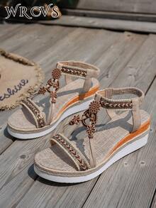 WRCVS 米色女士编织带坡跟凉鞋，手工串珠编织黄麻厚底轻便波西米亚风，提升夏季户外休闲时尚感，旅行必备单品 - 米色 - 查看 6