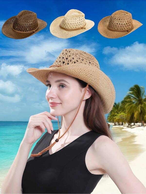 1 pieza Sombrero de paja de estilo cowboy de Panamá hecho a mano, sombrero de sol bohemio unisex para playa, ala ancha para protección UV de verano, sombrero de vaquero de vacaciones con cordón ajustable, ideal para exteriores y vacaciones en la playa