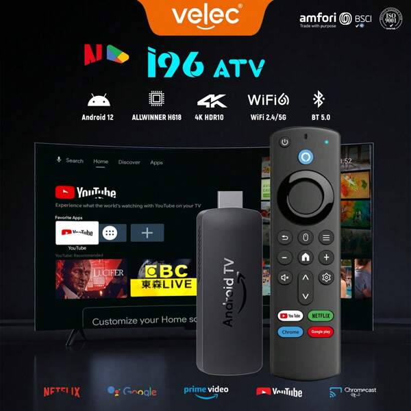 I96 D7 Android 12.0 TV Stick ATV Quad-Core WiFi6 2.4G/5.8Ghz BT5.0 4K HD Streaming Device For TV And Projector, With [2GB RAM+16GB ROM]