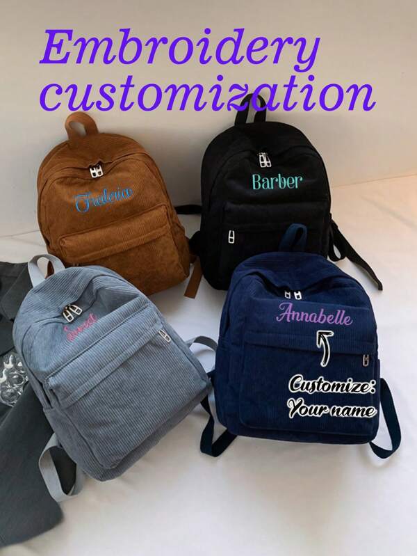 1pc Personalized Fashion Corduroy Backpack, Unisex Embroidered Custom School Bag, College Style Student Backpack, Large Capacity Minimalist Campus Backpack, Portable Lightweight Zipper Bag For Travel, Suitable For Back To School, Daily Use, Gift For Family, Partner, Christmas, Teacher's Day, Birthday, Back To School