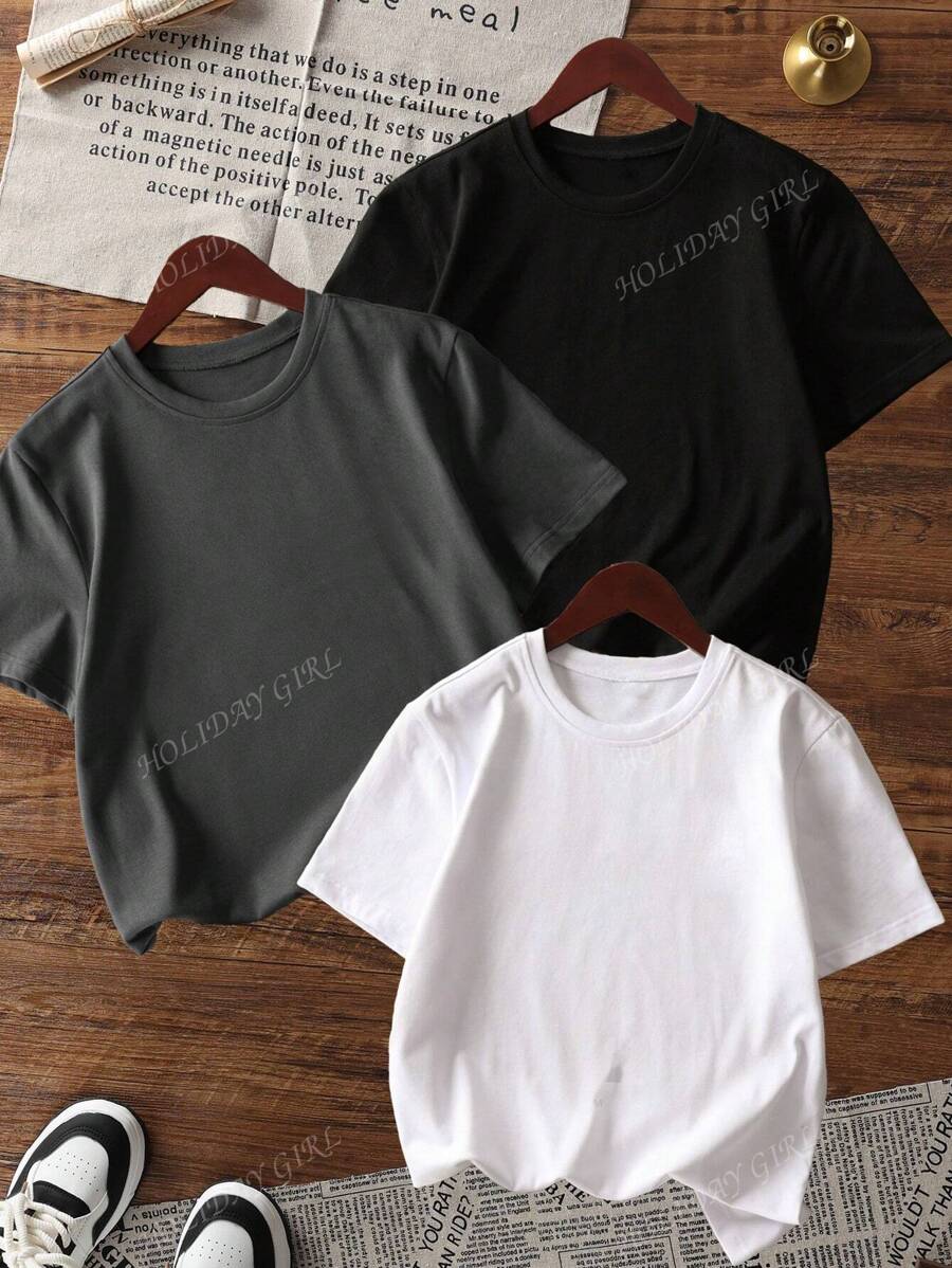 Set de 3 piezas, camiseta de mujer de verano de cuello redondo y manga corta, versátil y de unicolor, apropiada para uso diario. Blanco, negro y rosa