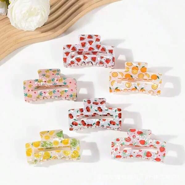 1 pieza Clip de cabello cuadrado hueco con diseño de frutas para primavera/verano, accesorio de cabello de acrílico para cabello grueso, lindo y adecuado para accesorios de moda de todas las temporadas, pinzas para el cabello bonitas