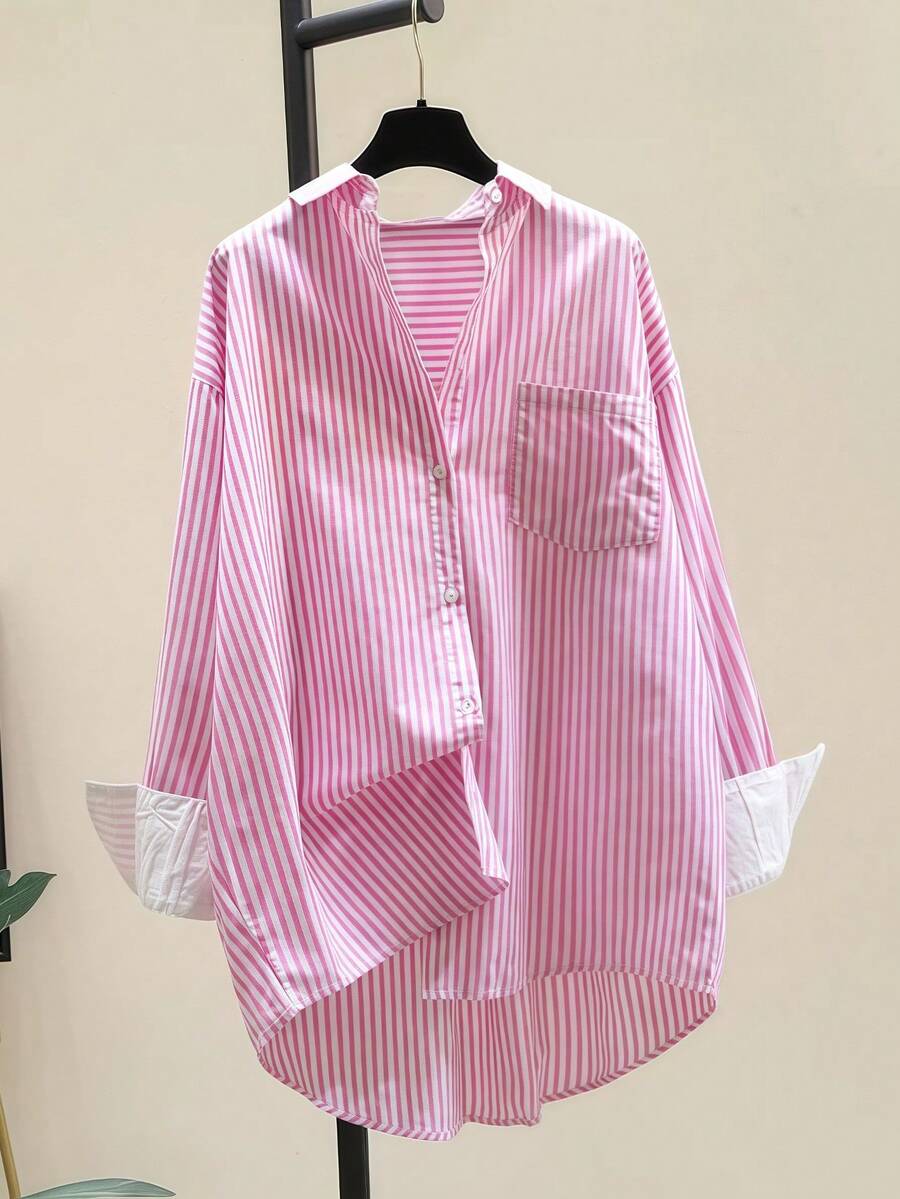 女式条纹纽扣衬衫，不对称下摆，翻领，胸袋，长袖上衣，适合约会之夜、假日休闲旅行、学院风，四季皆宜 - 粉紅色條紋 - 查看 1