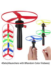1/2/3/4/5 Sets Random Color Plastic Pull Line UFO Flying Disc Toy, Flying Saucer, Flying Disc Launcher Toy For New Year/Halloween/Thanksgiving/Christmas/Birthday Gifts, Plastic Toy, Party Small Gift, Stress Relief Toy, Decompression Toy, Indoor/Outdoor Toy