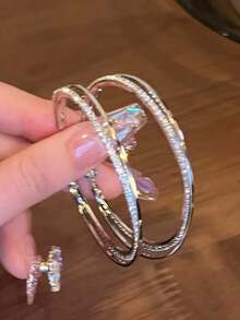 1 对奢华闪亮水钻环形耳环，时尚派对夜总会街头按扣耳环，适合女士 - 銀色 - 查看 4