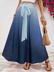 女士秋季 A 字型腰带户外渐变色中长裙。 - 藍色 - 查看 5