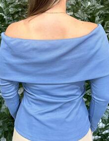 Long Sleeve  Blouse With Ribbed Shoulder To Shoulder, Autumn Winter Fashion - 藍色 - 查看 2