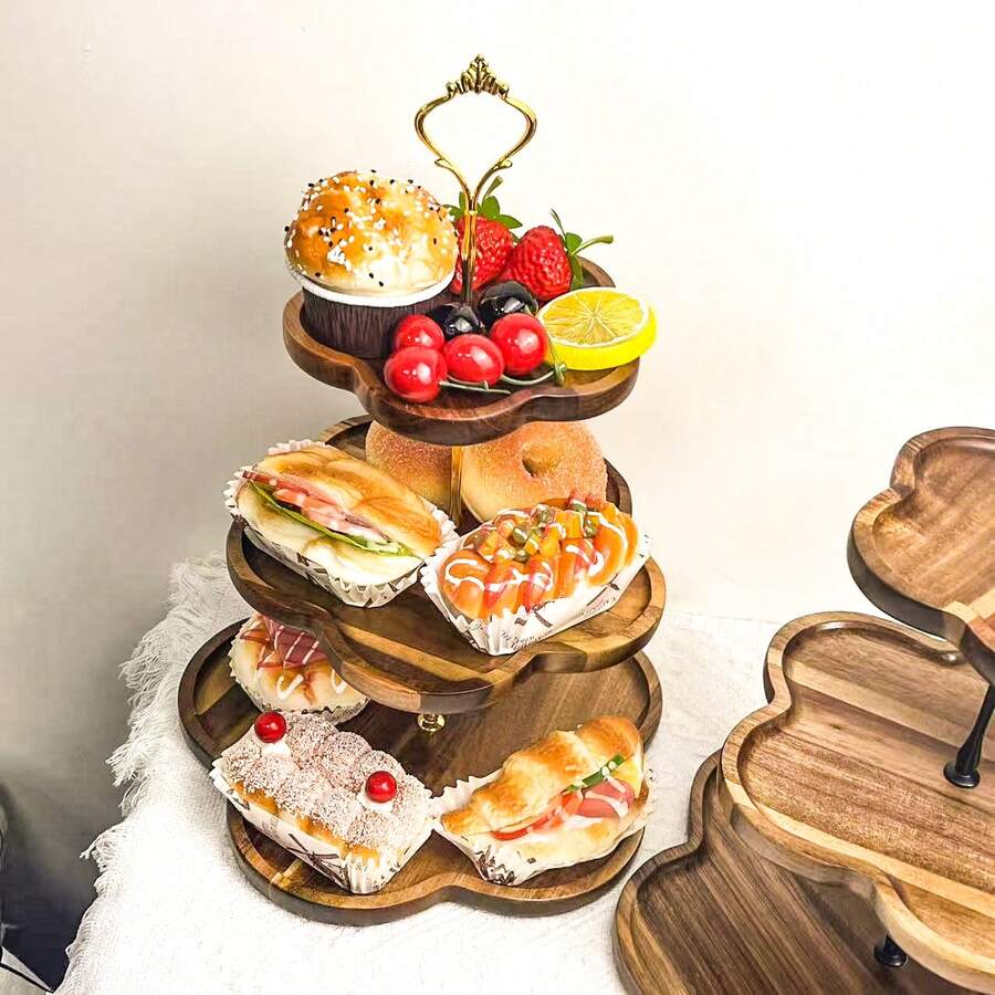 跨境2/3层花形零食甜品展示架，简约极简设计，2层放水果，3层放面包、糖果、寿司，木质盘子