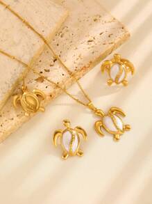 Set de 3 piezas con colgante, pendientes y anillo con estampado de tortuga marina, en estilo de playa, accesorios de moda para mujer, apropiado para la playa, vacaciones, fiesta y uso diario