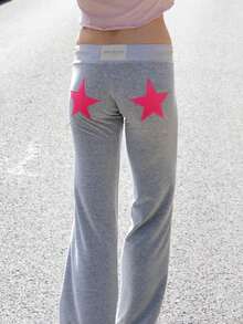 Women Loose Pants Star Patch Drawstring Elastic Waist Trousers Spring Fall Casual Sweatpants Bottoms - Xám - Xem 4