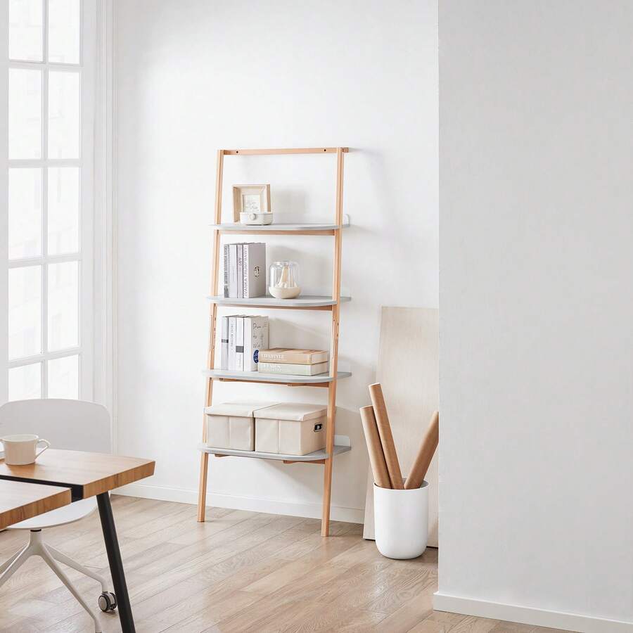 SoBuy Ladder Shelf With 5 Levels Bookcase Multifunctional Shelving Unit Bathroom Shelf Wall Shelf Gray And Natural W 65 X 169 X 39 Cm HSTR02-HG