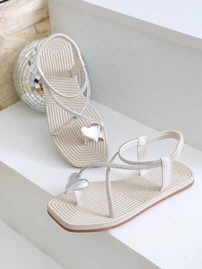2024 New Summer PU Flat Sandals, Comfortable Slip-On Toe Sandals, Outdoor Lightweight Casual Minimalist Square Toe Strap Sandals, Fashion Versatile Solid Color Breathable Non-Slip Soft Bottom Heart Decor Sandals
