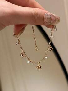 1pc Glamorous Heart & Tassel Zirconia Bracelet, Elegant & Minimalist Jewelry For Women