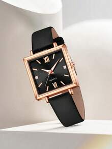 3 Pieces Of Women's Black Watch Straps, Fashionable And Casual Mixed Scale Square Case Quartz Watch Bracelet Jewelry Set, Suitable For Daily Wear Decoration Or Holiday Gifts