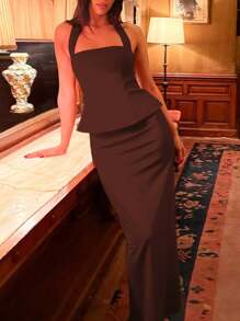 Women Summer Sleeveless Halter Crop Top And Back Slit Long Skirt Two Pieces Set Bodycon Elegant Sexy Party Matching Outfits - Brown - View 1