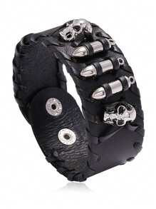 Halloween Black Skull PU Leather Braided Bracelet, Fashionable Punk Wristband, Unisex