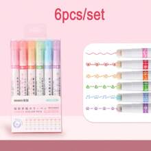 6pcs Highlighter Pens, Calligraphy Curve Pens, Roller Flower Pens, Double-Headed Stamp Outline Pens, Creative Wave Flower Rollerball Pens, School Supplies,Back To School