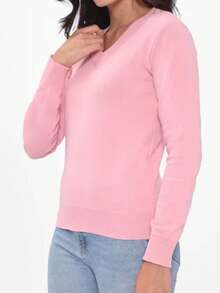 Cold Weather Knitted Sweater Top V Neck Plain Basic Long Sleeve Winter Women Simple Knitwear Knitted Daily Autumn Long Sleeve - 淺粉色 - 查看 2