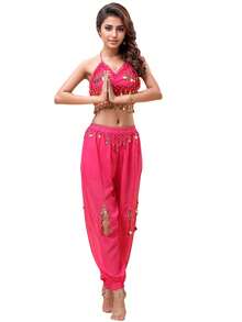 2 Pieces Prom Party Line Dance Costume For Women Belly Dance With Coin Embellished Open-Hole Loose Pants (Includes Breast Pads)