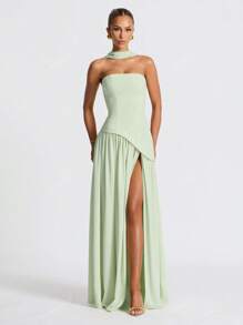 Elegante vestido de noche con abertura alta, sin tirantes y fluido, vestido de fiesta