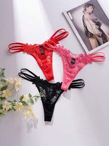 Set di 3 perizomi da donna in pizzo, con motivo floreale, ricamo traforato, rete, doppi sottili cinturini, vita bassa - Multicolore - Visualizzare 1