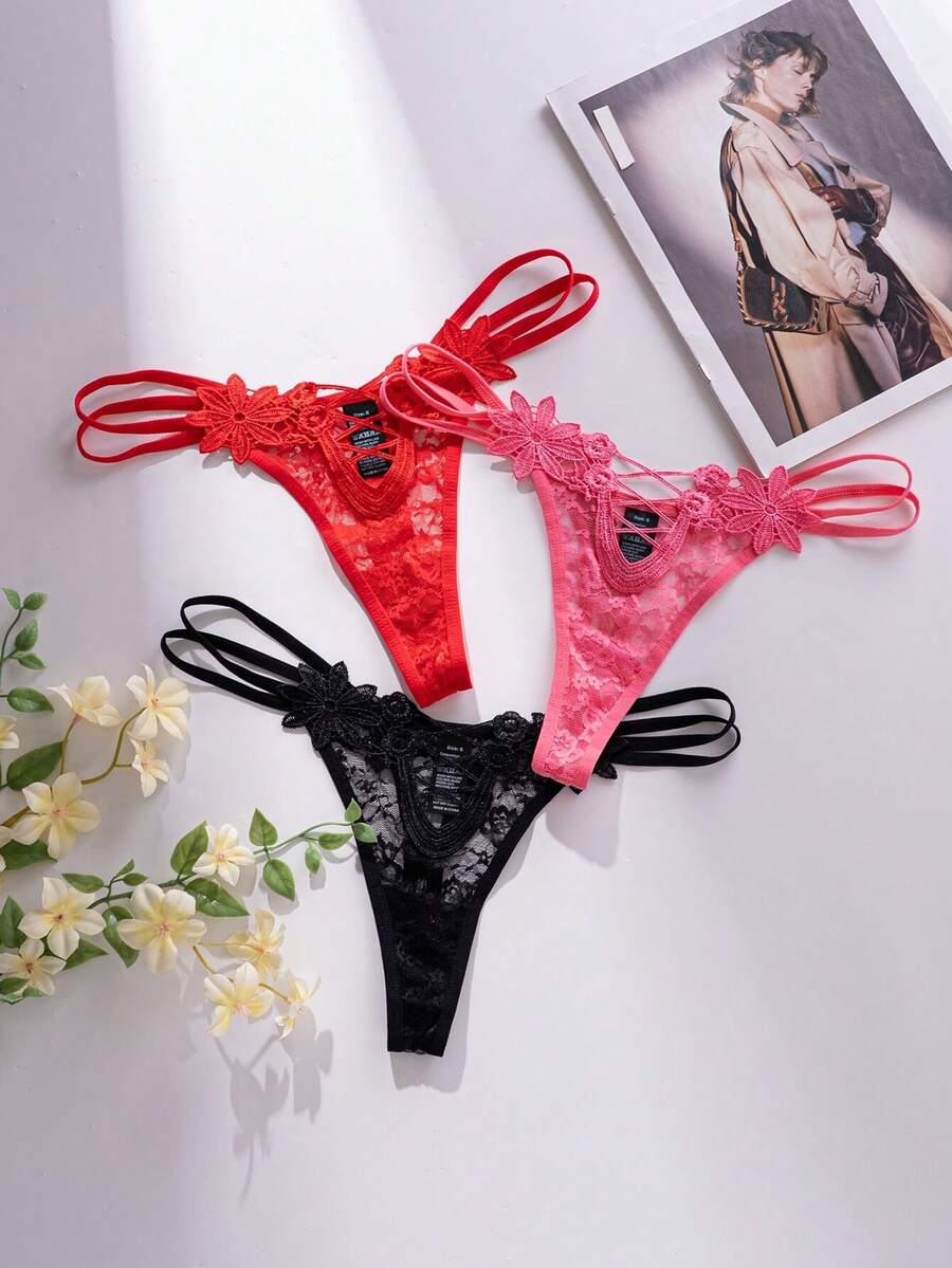 Set di 3 perizomi da donna in pizzo, con motivo floreale, ricamo traforato, rete, doppi sottili cinturini, vita bassa - Multicolore - Visualizzare 1