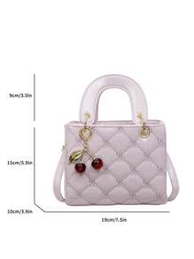 1pc Women Fashion New Cherry Quilted PU Leather Handbag, Simple Chic Square Bag With Elegant Refined Vibe, Suitable For Daily Commute, Dating, Shopping, Versatile Stylish Purse With Cherry Charm As Gift For Valentine's Day - Purple - View 9