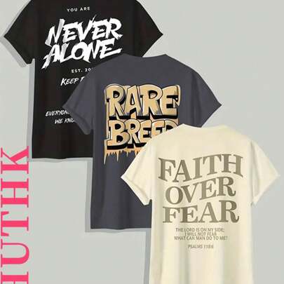 (220 Cotton T-Shirt) 3-Piece Set With Bold Letters' FAITH OVER FEAR 'printed Men's Summer Round Neck Short Sleeved Casual Cotton Print