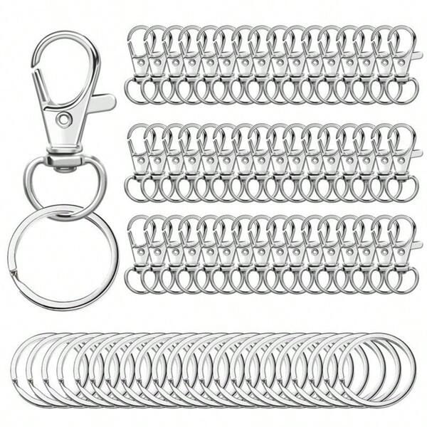 Un set di 100 accessori fai-da-te, inclusi portachiavi in metallo, ganci girevoli per borse porta-badge, moschettoni, pendenti per zaini, portachiavi decorativi, corde per animali domestici, bottoni e accessori per borse