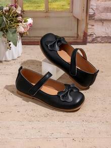 1 Pair Girls Black Bow Ballet Flats, Adjustable Hook&Loop Closure, Round Toe, TPR Non-Slip Sole, Comfortable, Plain Color, Suitable For 5-14 Years Old Girls, Suitable For Home, School, Holiday, Formal Occasions & Performances - Black - View 5