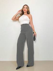LIN SERVIÇOS, REF: H932 - Women's Striped High-Waisted, Wide-Leg Trousers, Ideal For Casual And Formal Looks. Lightweight, Stylish And Elegant, They Offer Comfort And Sophistication For A Variety Of Occasions. - 深灰色 - 查看 4