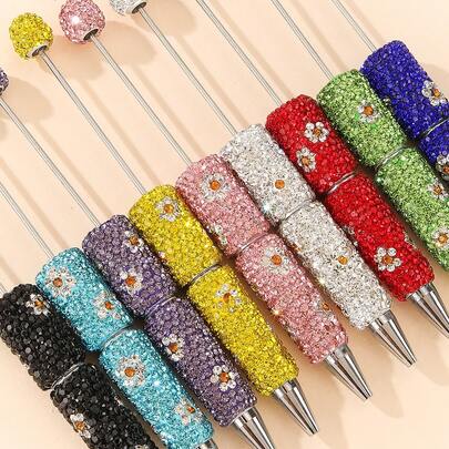 12pcs/Set New Arrival Luxury Beaded Ball Pen, Artificial Diamond Studded Flower Pen DIY Jewelry Accessories, Focus Bead Crafts, Student/Teacher Gift, Creative Stationery