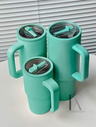 Teal - 20/30/40oz Stainless Steel Tumbler With Handle And Foldable Straw, Double-Wall Vacuum Insulated Mug For Hot & Cold Drinks, Minimalist Travel Cup