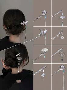 1Pc New Chinese Style Butterfly Flower Tassel Hair Stick For Women Vintage Metal Hanfu Chopstick Hair Sticks Hair Accessories Hair Bun Hair Pin Hair Bun Maker Bun Hair Piece Hair Styling Pins, School Stuff, Head Accessories - Multicolor - View 9