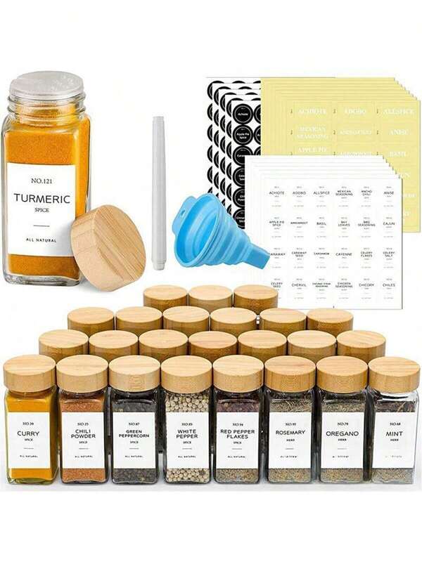 12 Square Glass Spice Jars With Bamboo Lids, Sealed Seasoning Containers With Labels, Funnels, And Brushes - Transparent Seasoning Pots For Spice And Pantry Organization,School Supplies